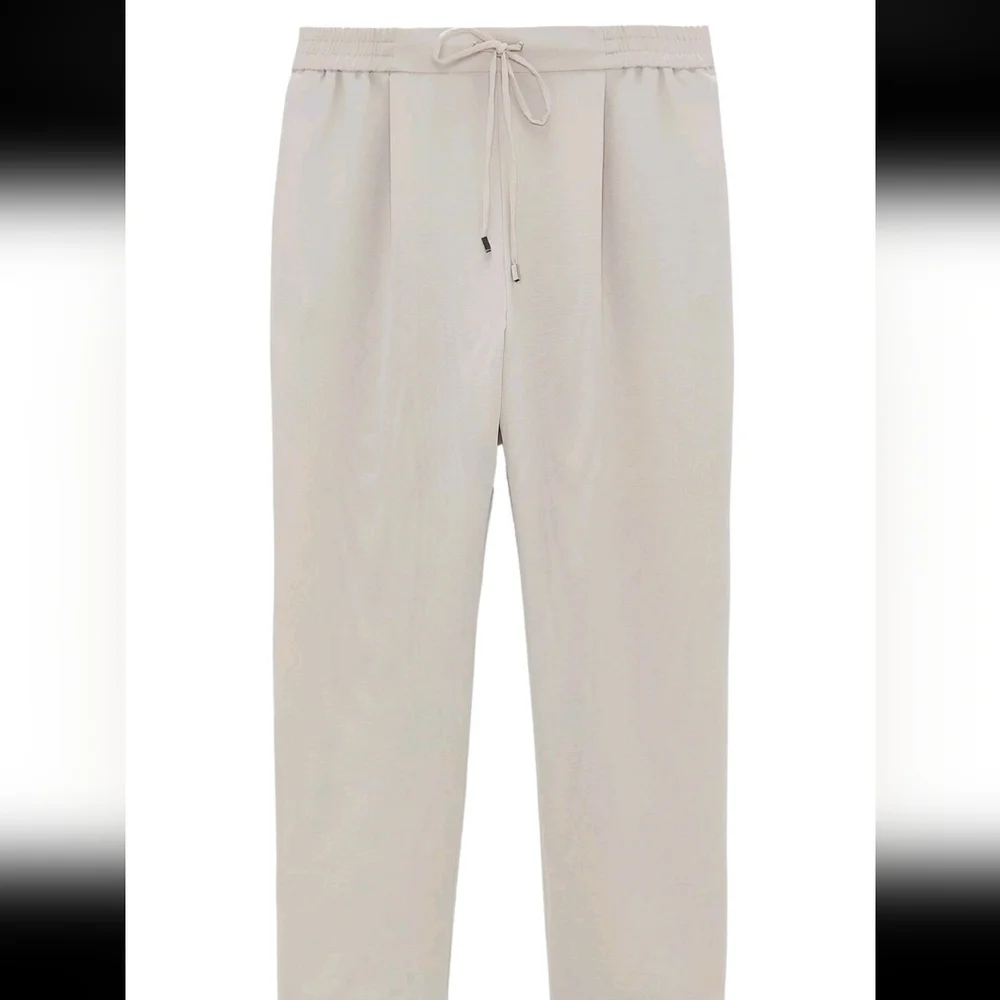 Zara High Waisted Beige Drawstring Pajama Style Ankle Pants XS - Picture 7 of 15